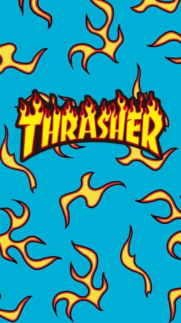 A blue background with flames and the word thrasher - Thrasher