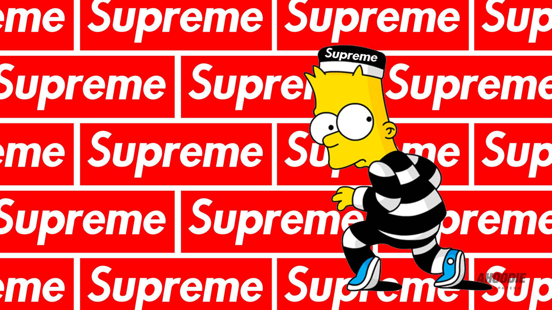 Bart Simpson wearing a black and white striped shirt and a black hat with the word 