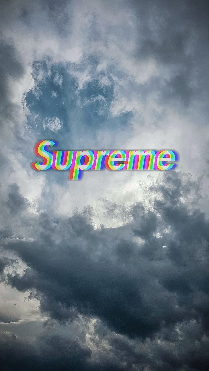 A rainbow Supreme logo on a cloudy sky background - Supreme