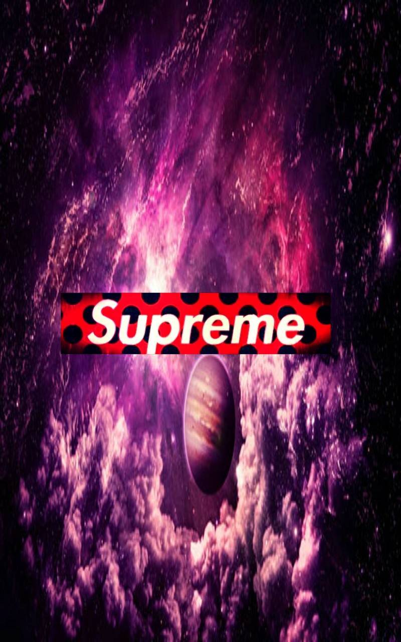 The Supreme logo in front of a purple and pink galaxy background - Supreme
