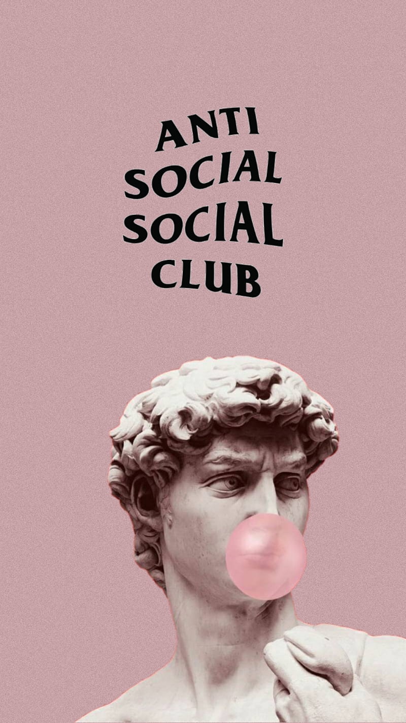 Aesthetic backgrounds, pink background, anti social social club, written in black, statue of a man, blowing a pink bubble gum - Pink, Anti Social Social Club, Greek statue