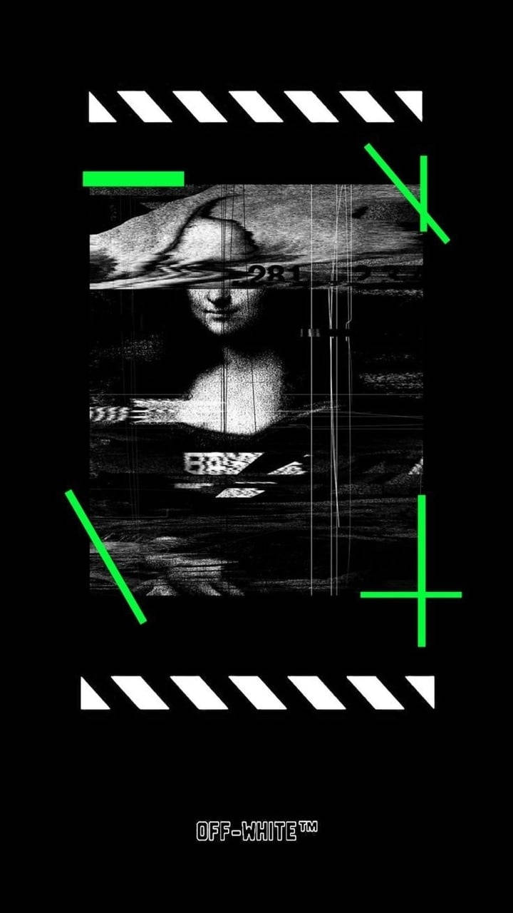 Black and white photo of a woman with a green arrow through it - Off-White