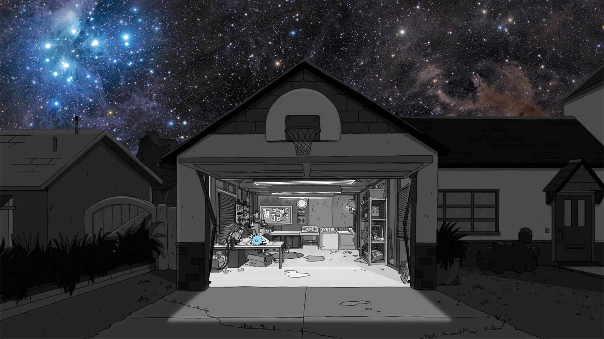 A garage with a basketball hoop, a telescope, and a table full of clutter. - Rick and Morty