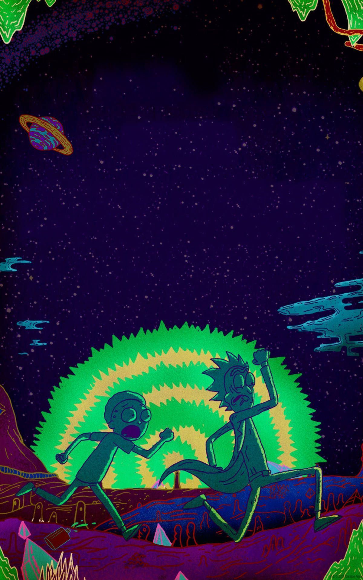 A poster of two people running in the dark - Rick and Morty