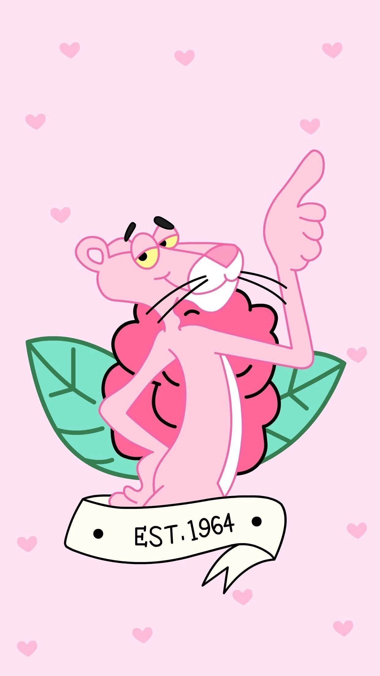 A pink cartoon cat with the words bst 1984 - Pink Panther