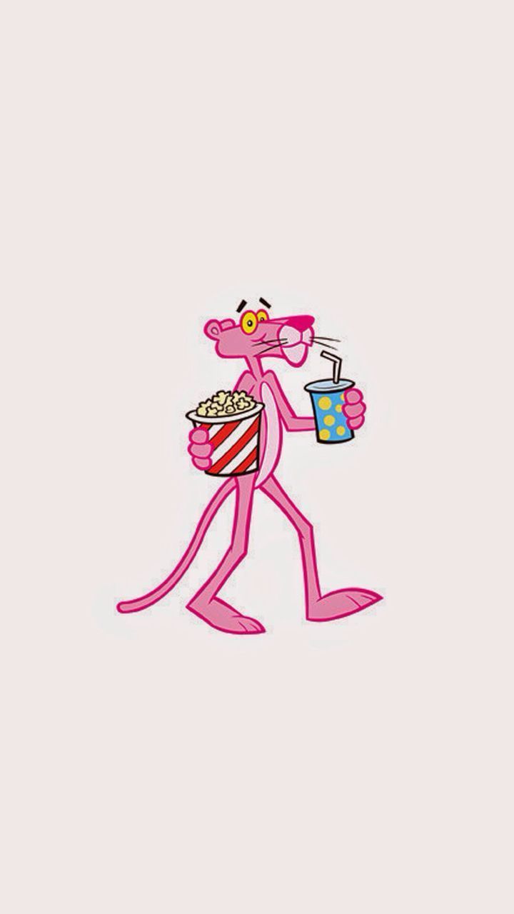 A cartoon pink cat holding popcorn and drinking from the cup - Pink Panther
