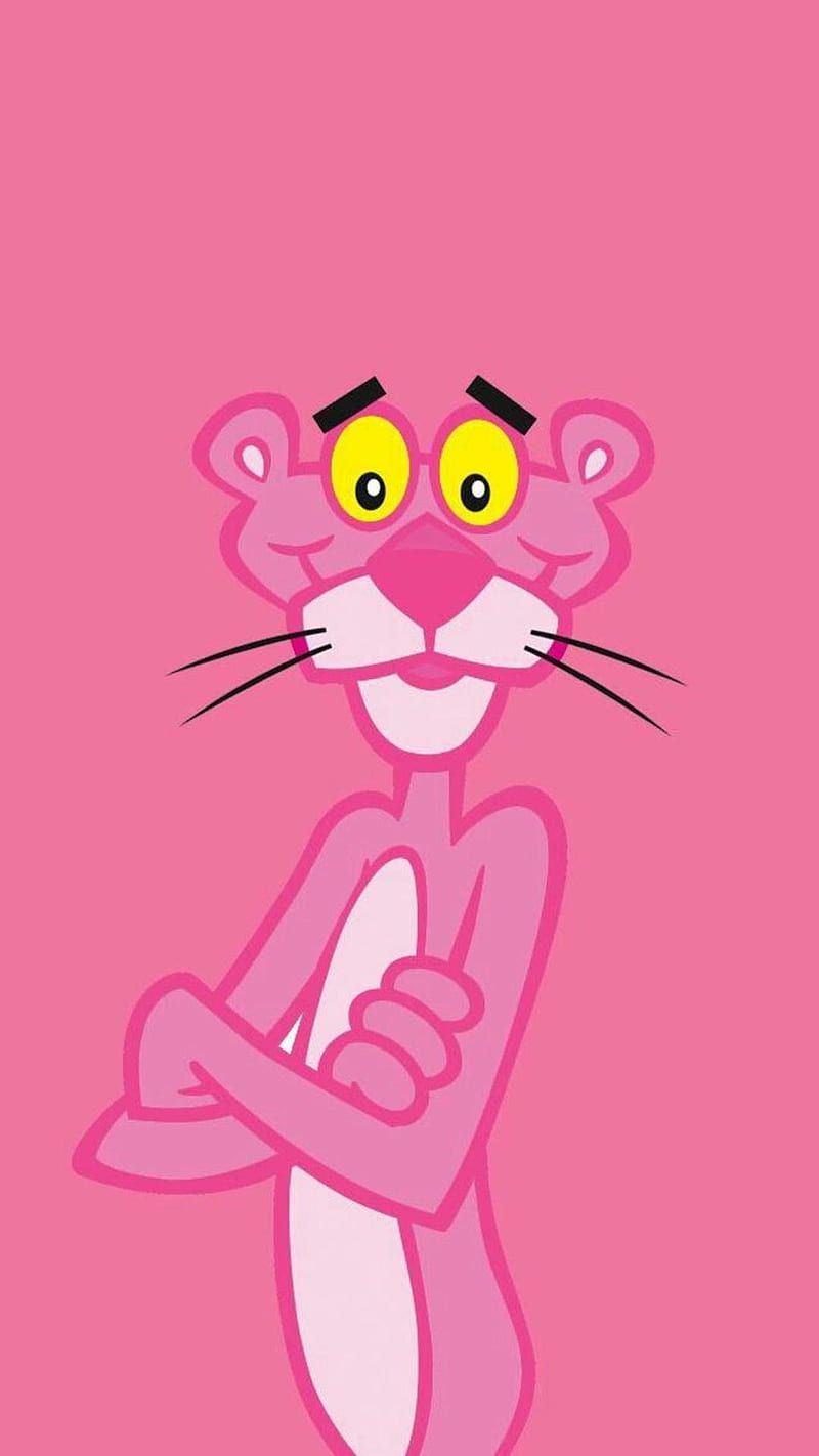 A pink cartoon cat with yellow eyes - Pink Panther