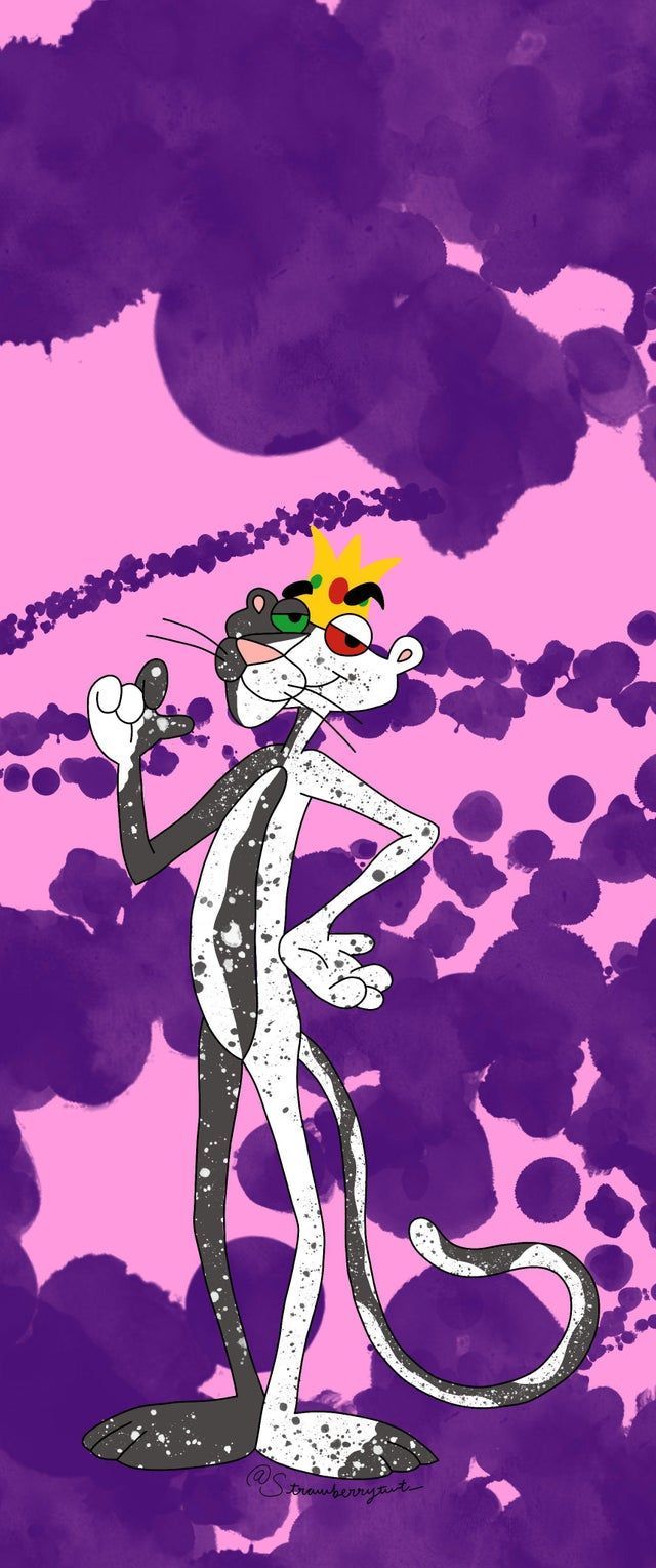 A cartoon cat with purple clouds in the background - Pink Panther