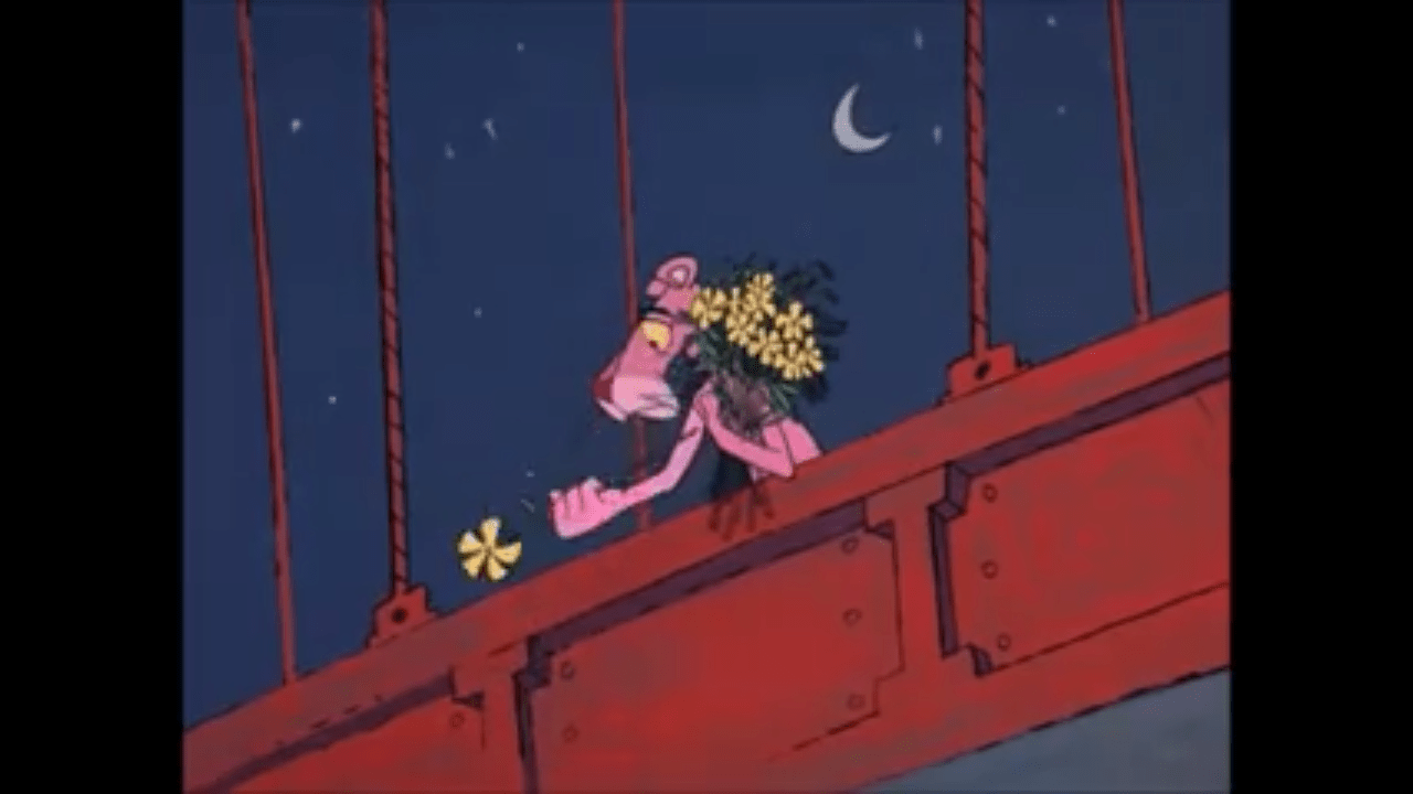 The Pink Panther stands on the Golden Gate Bridge, holding a bouquet of flowers, in a still from the animated film 