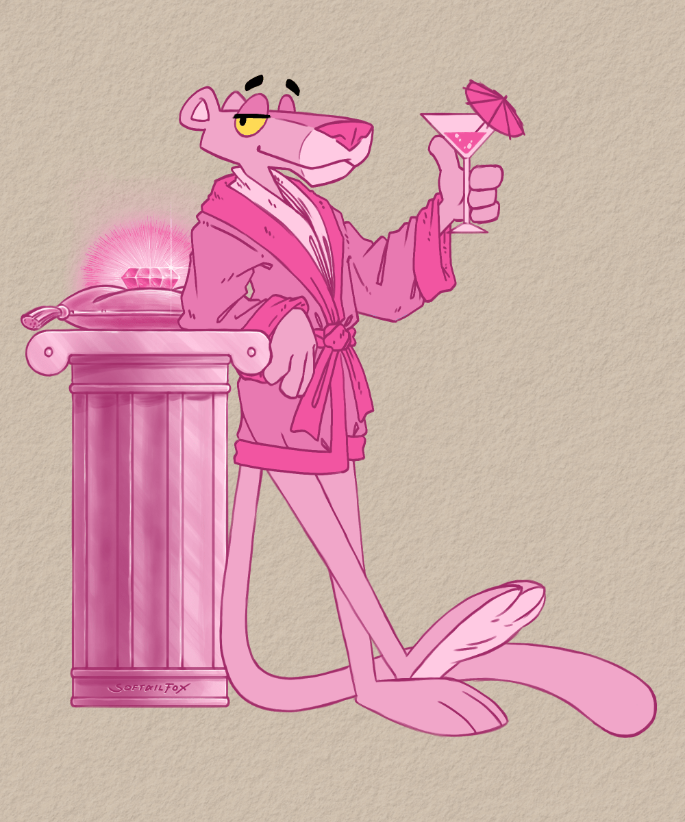 A pink cat in robe holding drink and cigarette - Pink Panther