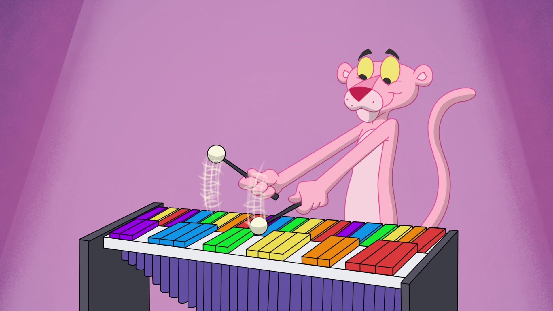 A cartoon mouse playing the piano with colorful keys - Pink Panther