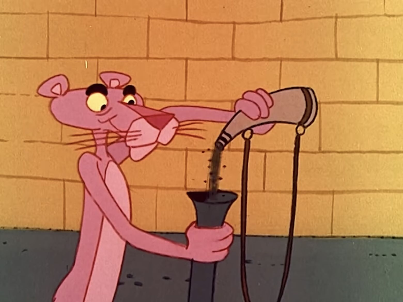 The Pink Panther uses a hairdryer to dry his tail. - Pink Panther
