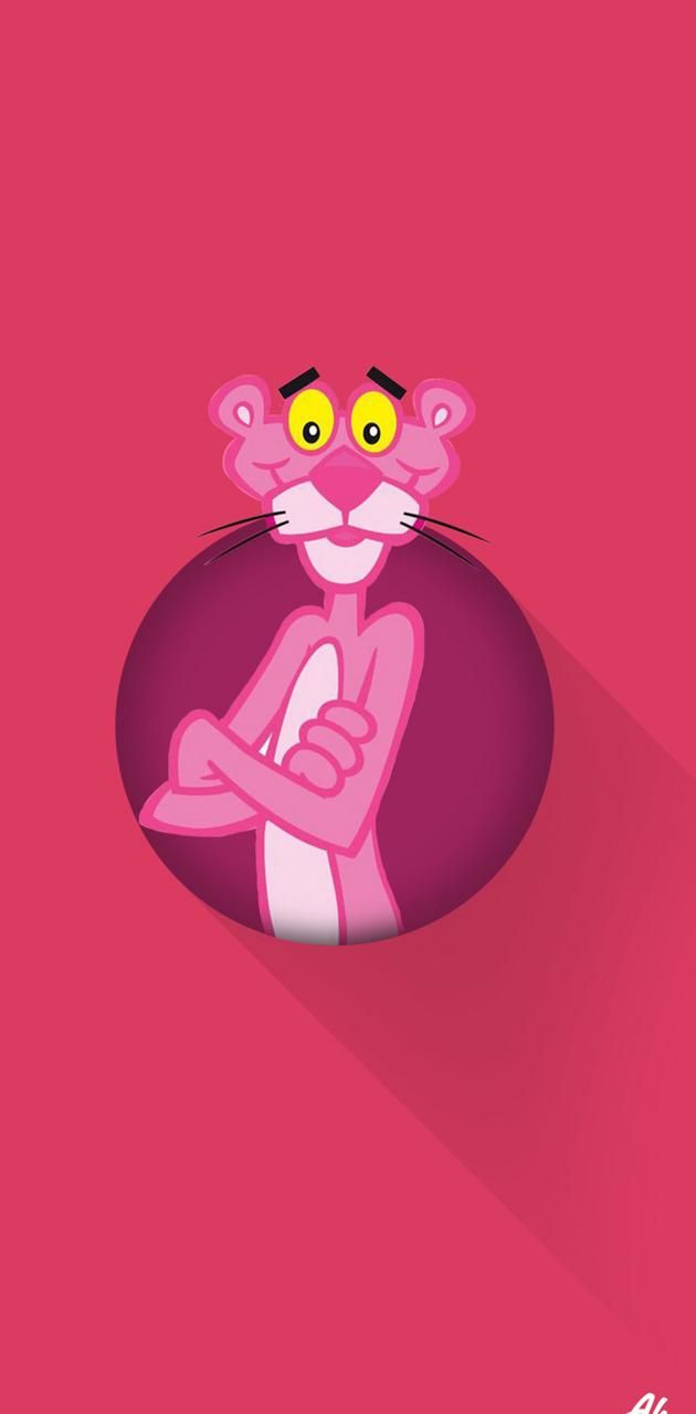 A pink panther illustration on a red background. - Pink Panther