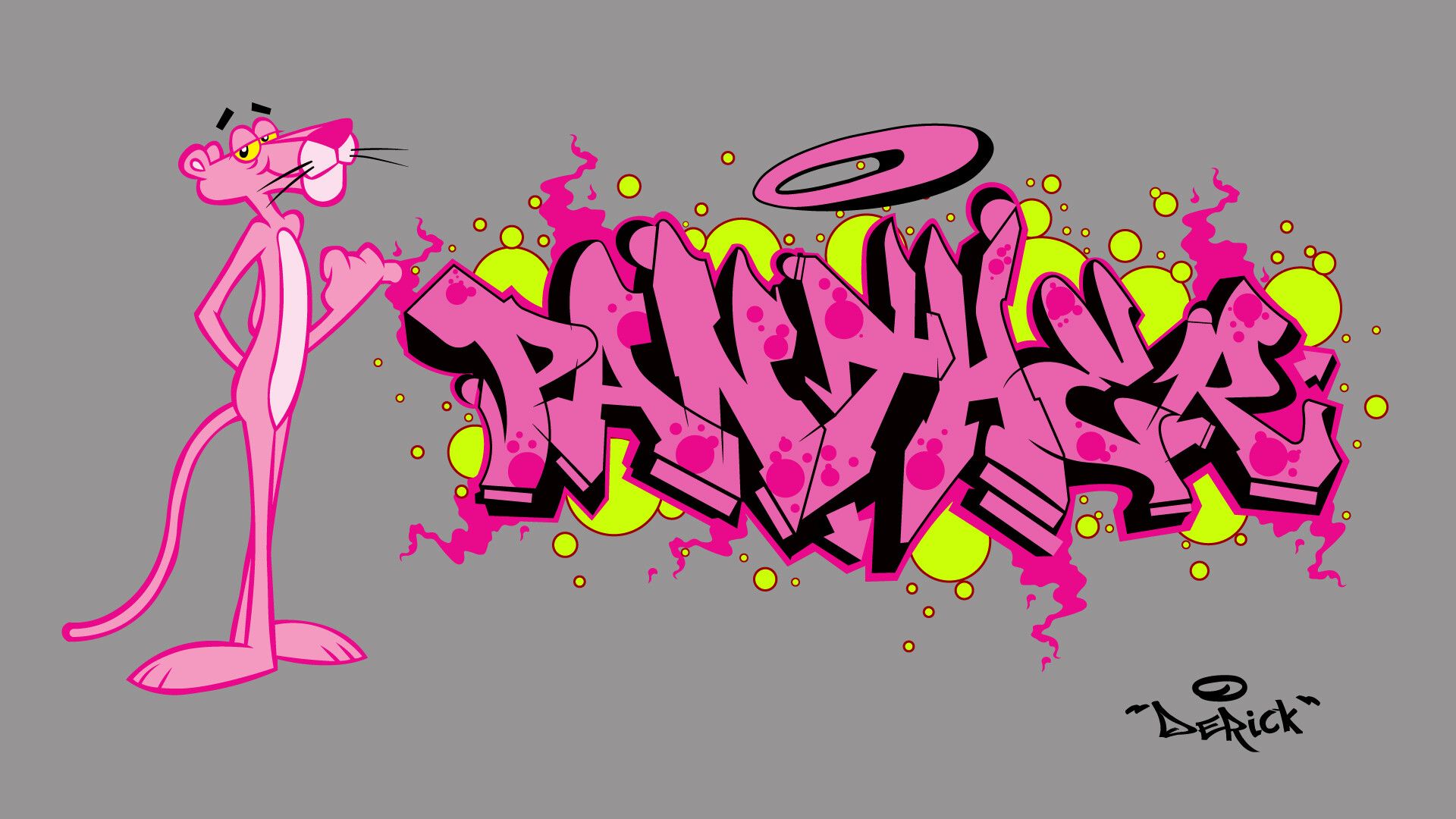 A pink cartoon character with graffiti on it - Pink Panther