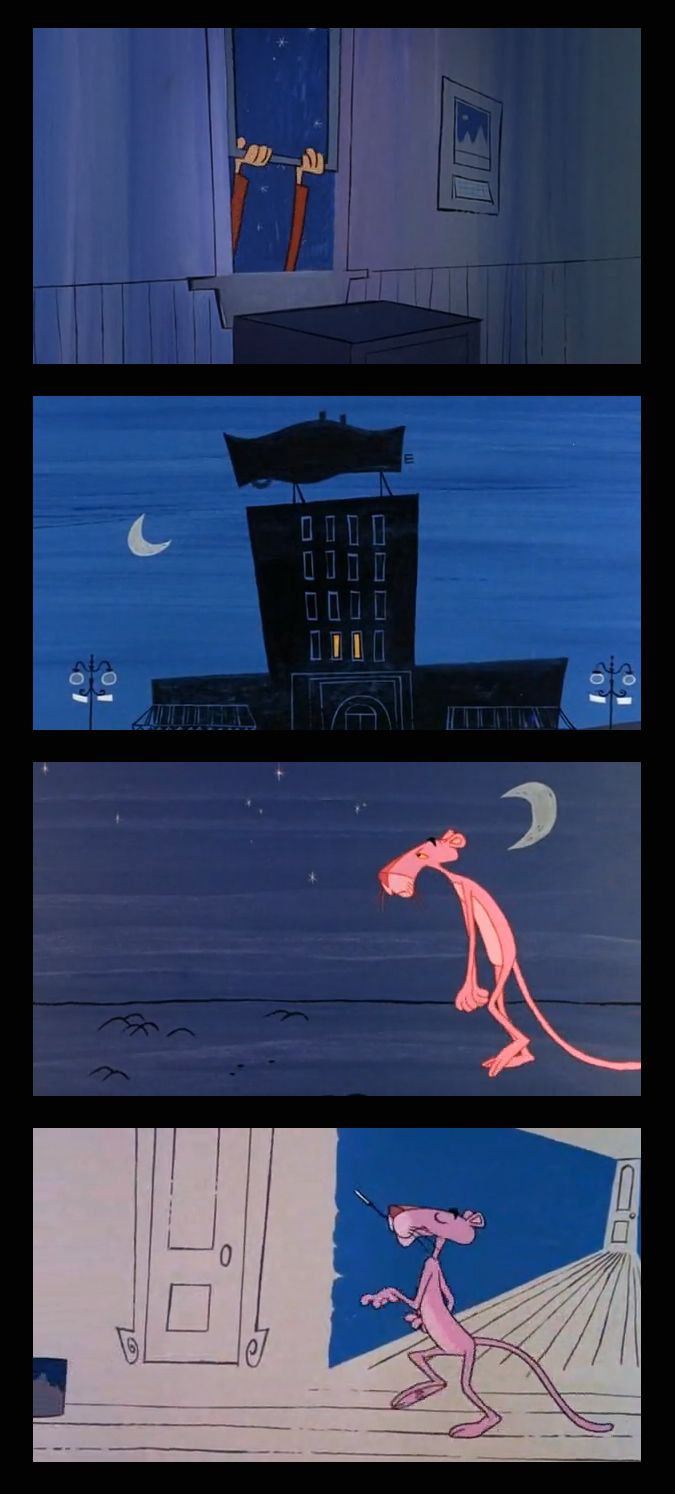 The Pink Panther in the night, in a series of panels. - Pink Panther