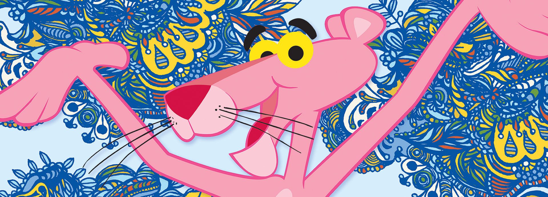 A cartoon pink cat with blue and yellow background - Pink Panther