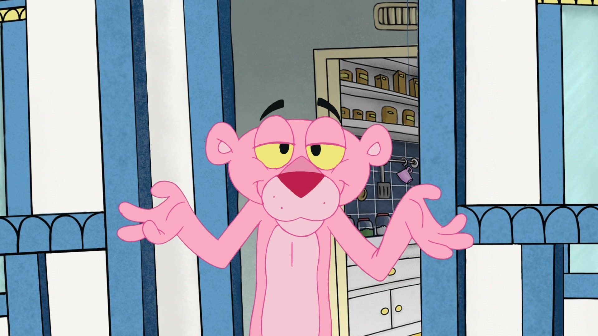 The Pink Panther in a room with a blue and white striped wall. - Pink Panther