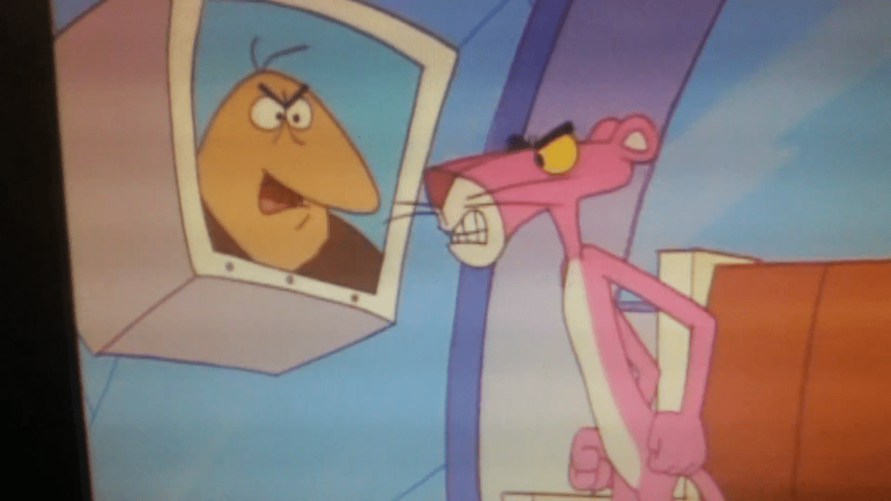 The pink panther in a cartoon with an angry face - Pink Panther