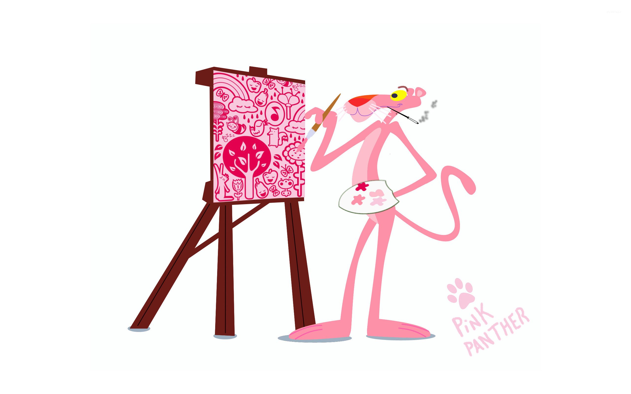 A pink cartoon character is painting on an easel - Pink Panther