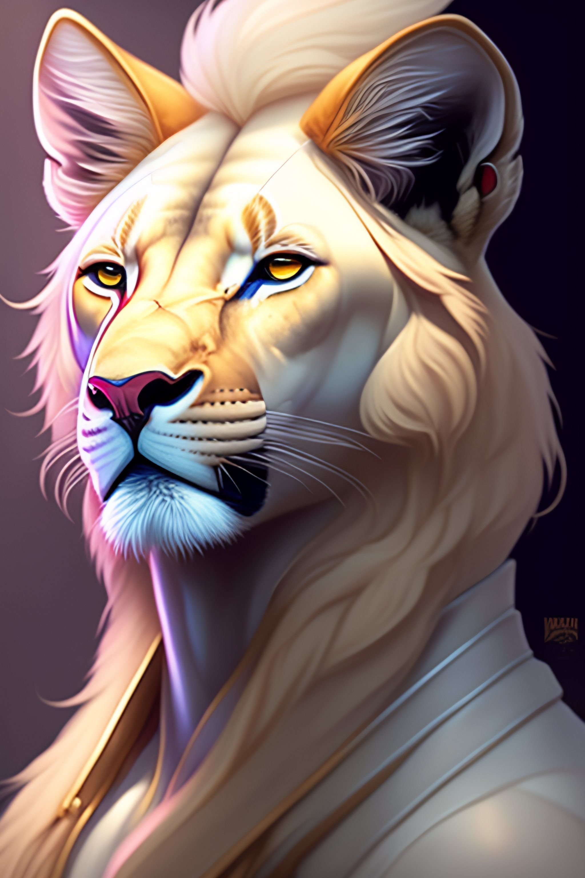 Lexica portrait commission of a albino male furry anthro low- poly lion, Character design by charlie bowater, ross tran, artgerm, and mako