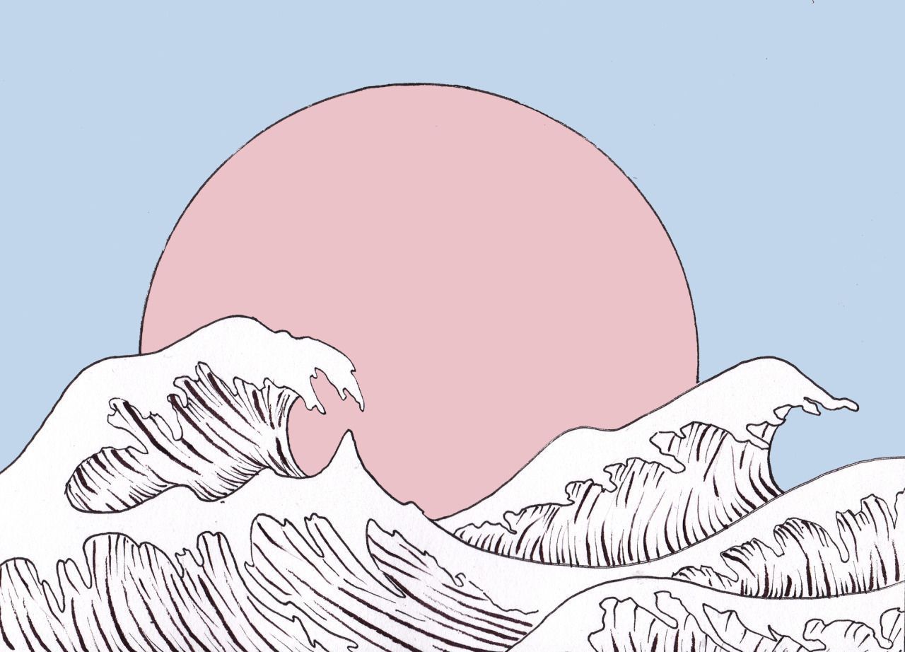 A drawing of the ocean with waves and sun - Illustration