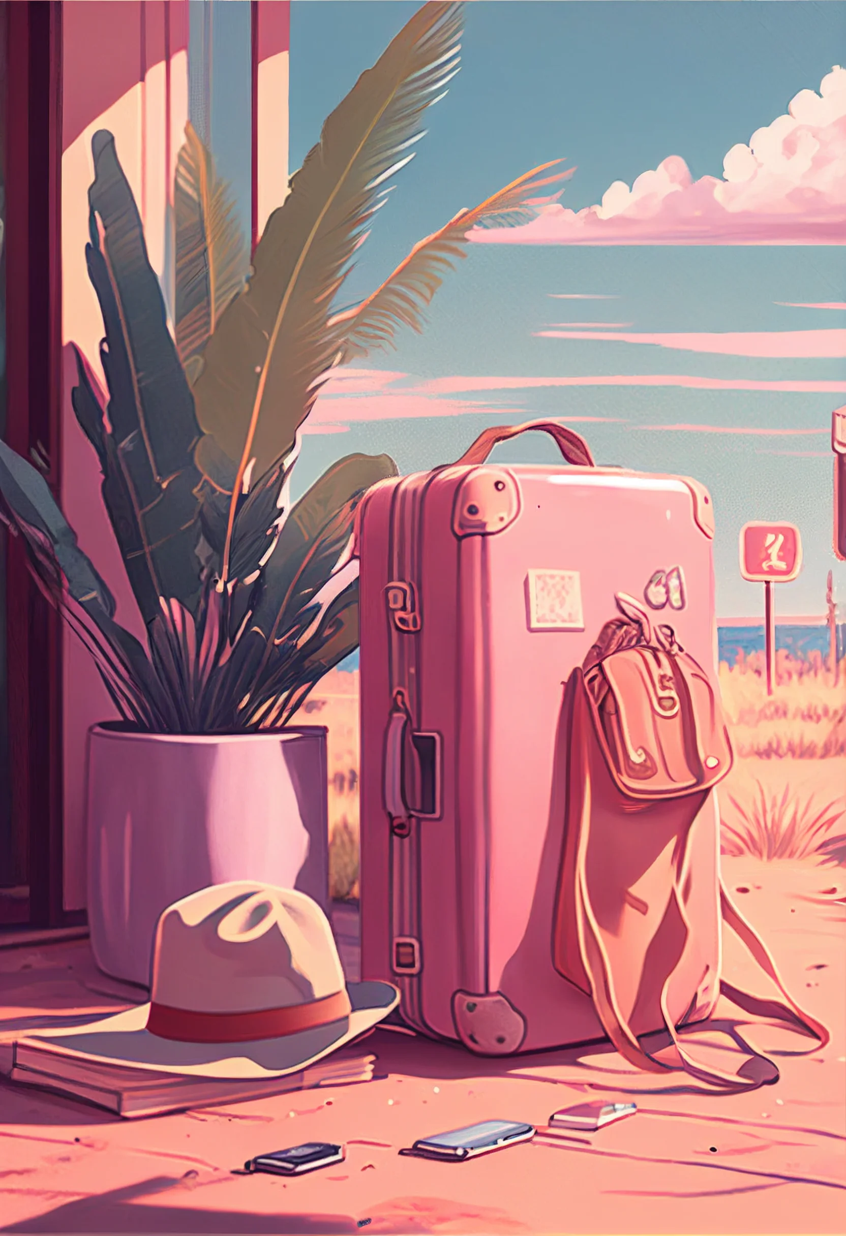 Pink suitcase and hat sitting on a windowsill with a potted plant and a book. A scenic view of the ocean can be seen in the background. - Illustration