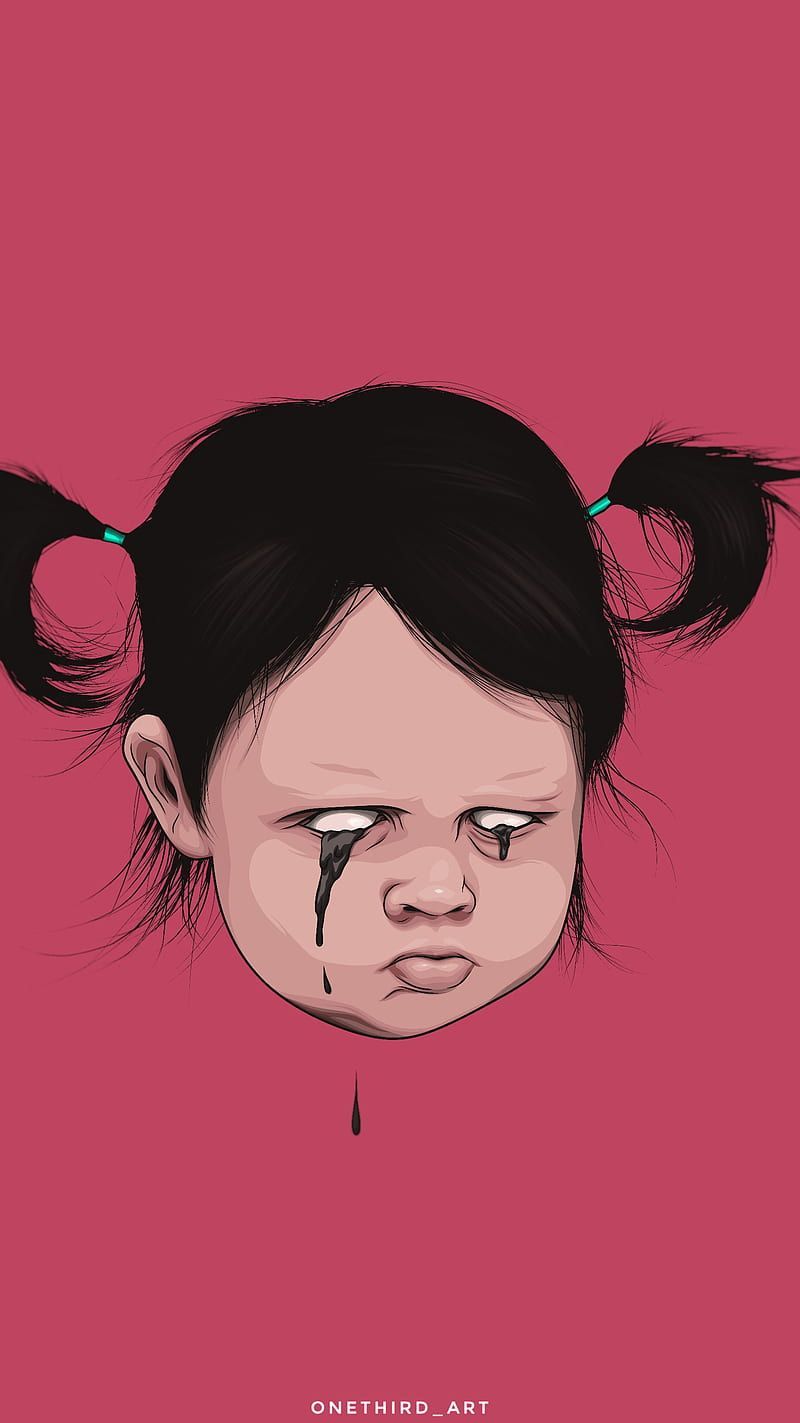 IPhone wallpaper of a crying baby girl with pigtails. - Illustration