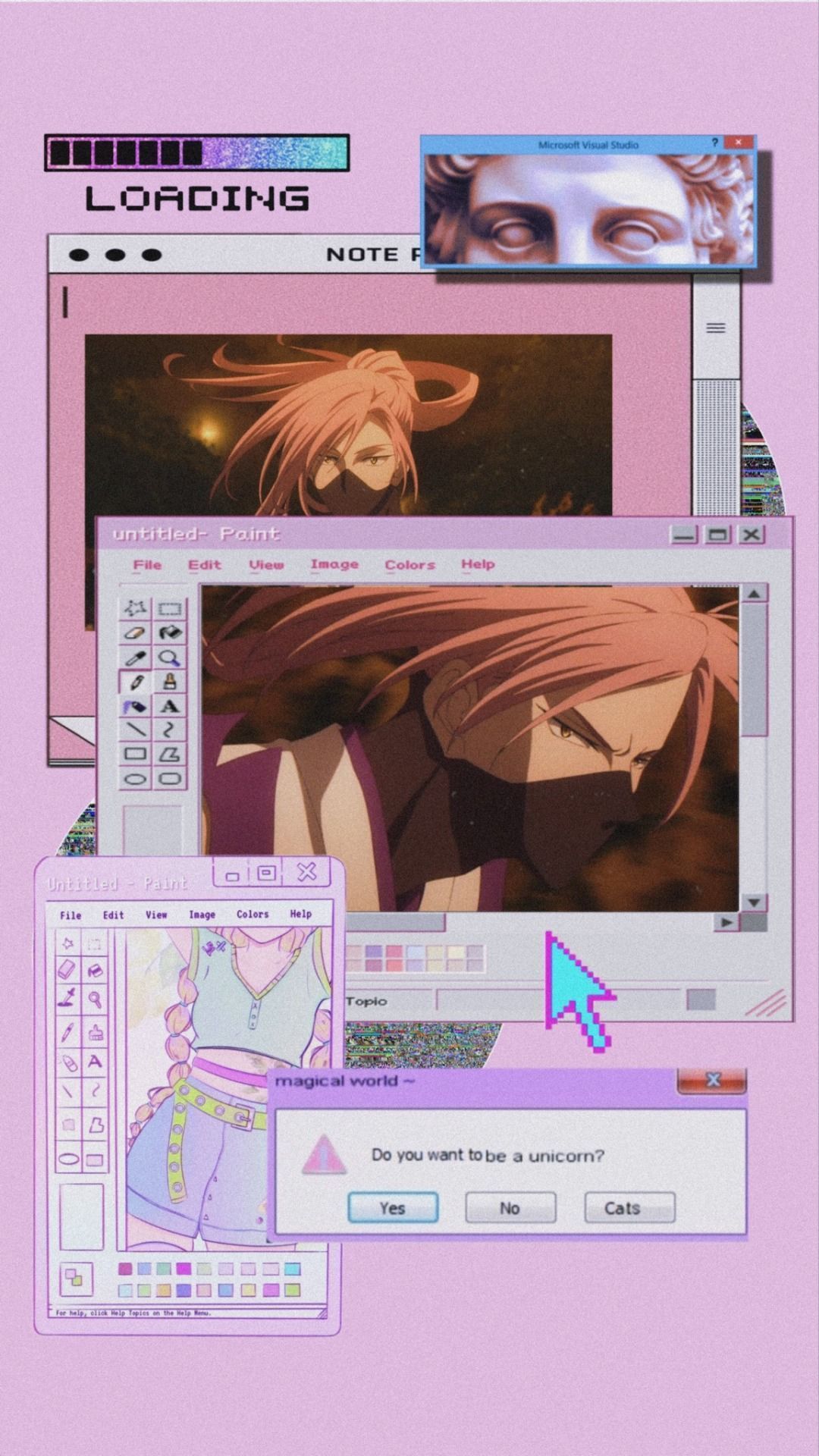 Aesthetic anime background with pink hair girl and loading screens - Webcore