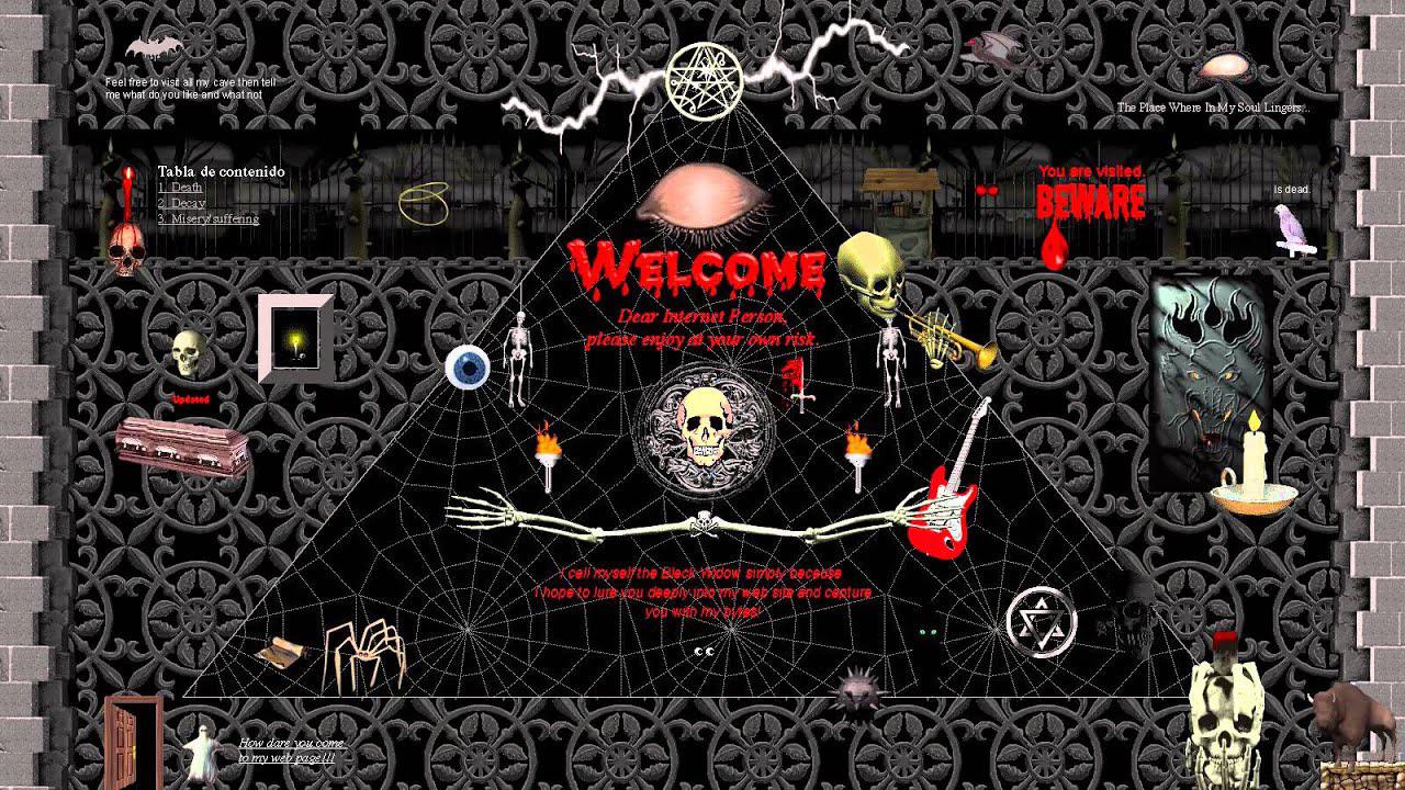 A black background with a Welcome sign in red. The background is made of a black web with skulls, candles, and other symbols. - Webcore