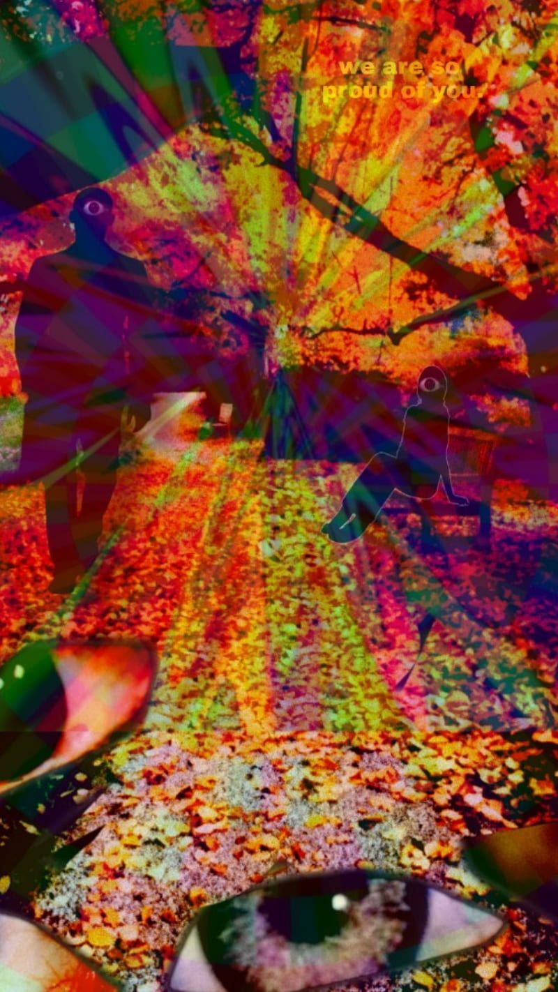A collage of images including an eye, a tree, and a leaf covered path. - Webcore, weirdcore