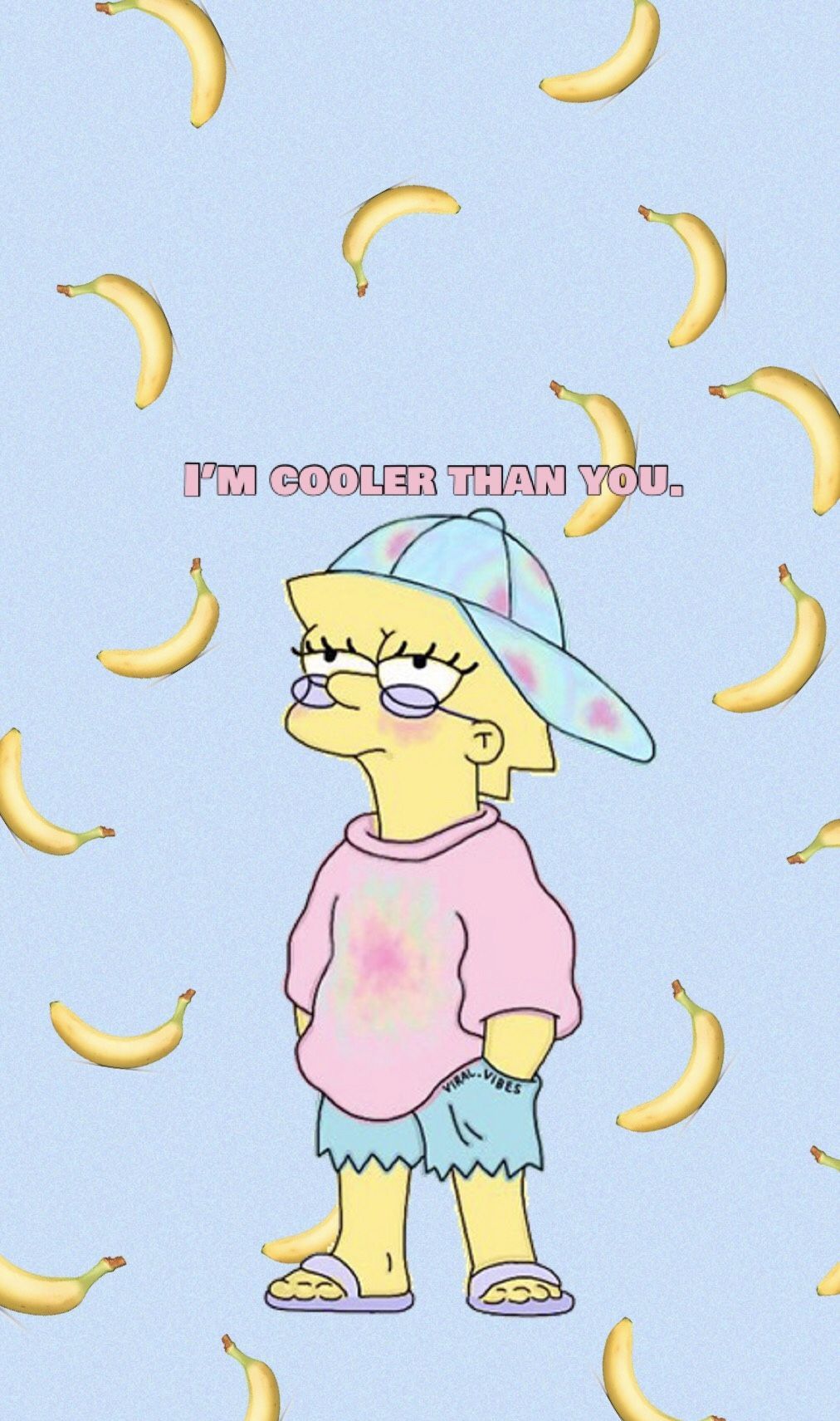 Lisa Simpson with a tie die shirt and hat with the words 