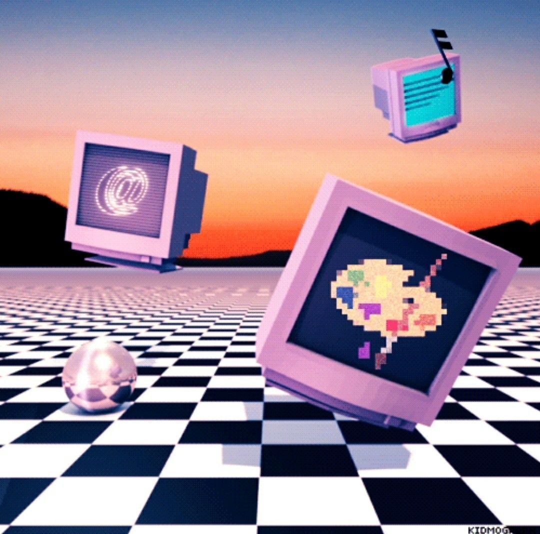 A photo of a surreal scene with two computer monitors, a TV, a diamond, and a face made out of pixels. - Internetcore