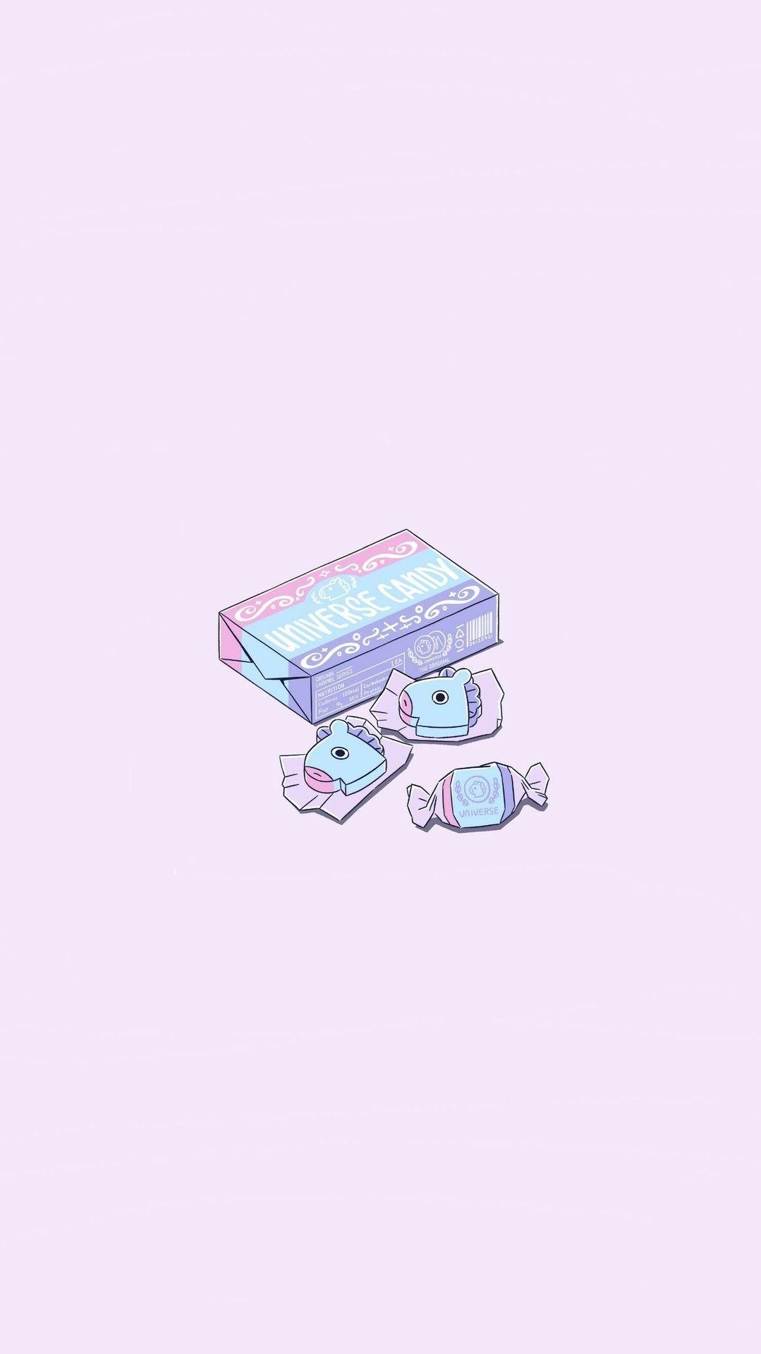 IPhone wallpaper of a purple box of sweeties with two sweets next to it - BT21