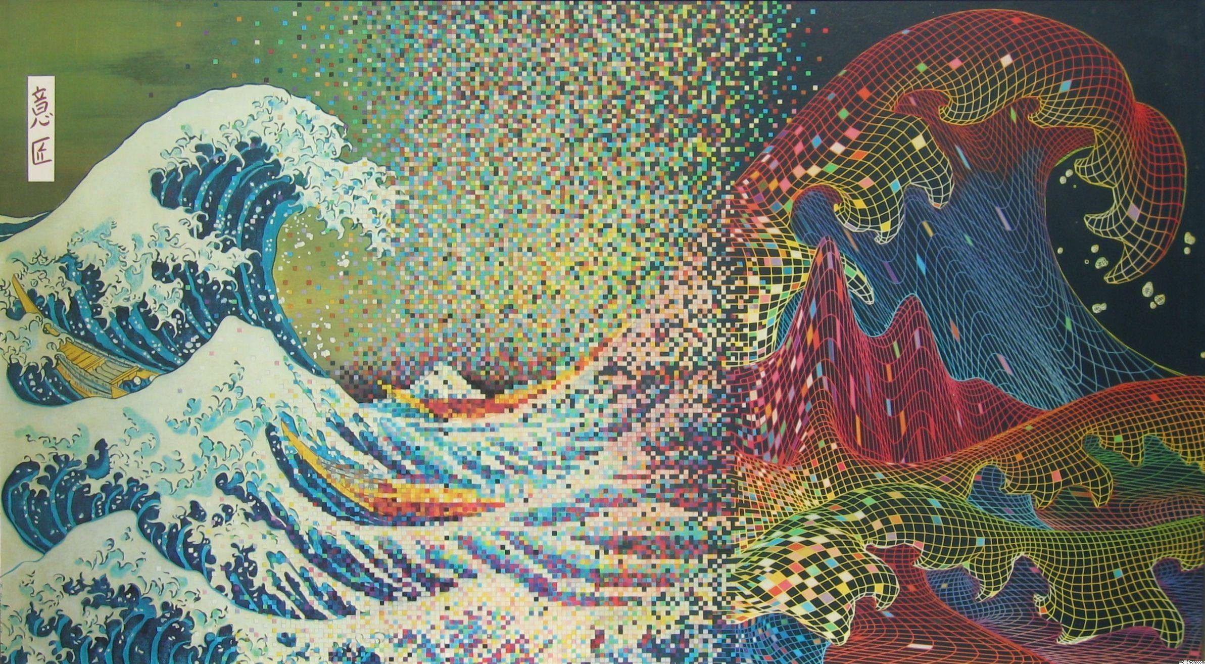 illustration, pixels, The Great Wave off Kanagawa, mural, ART, fractal art, psychedelic art Gallery HD Wallpaper