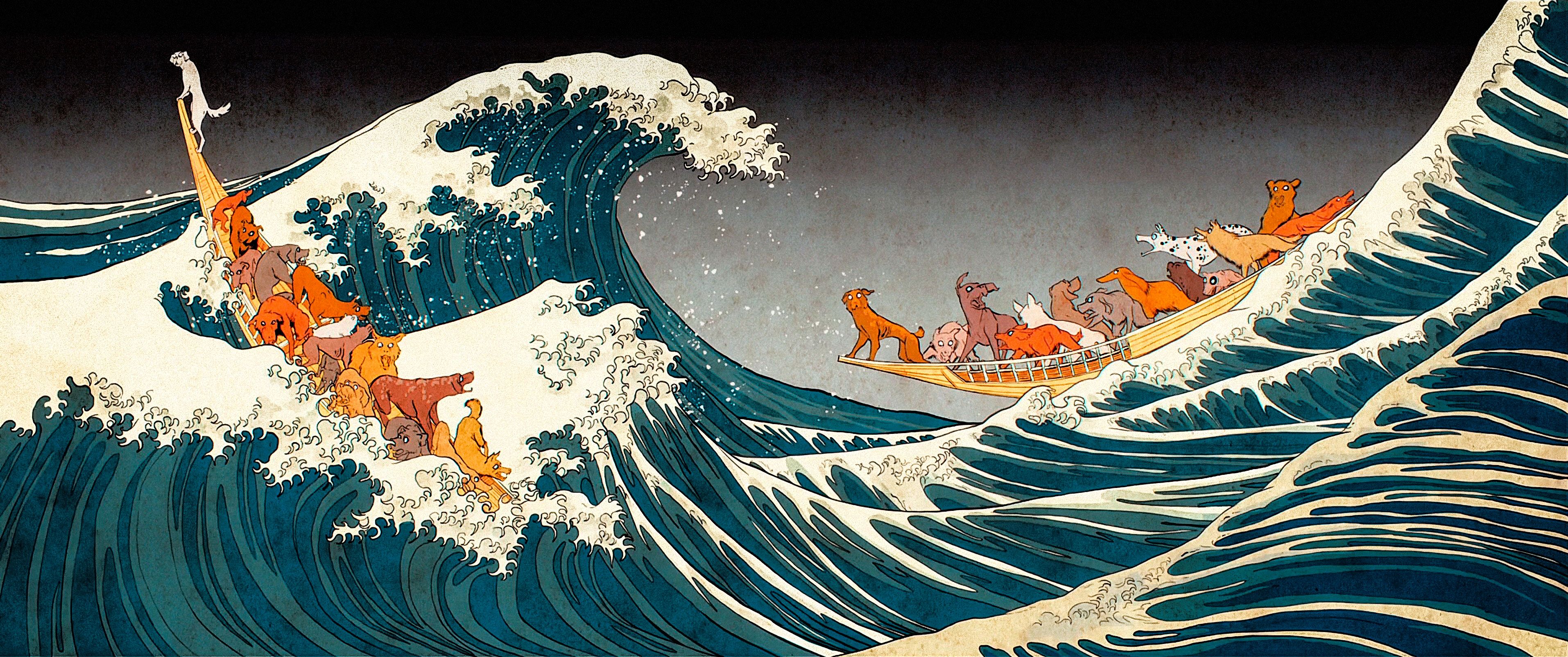 Waves The Great Wave Off Kanagawa Ukiyo E Wallpaper:3829x1605