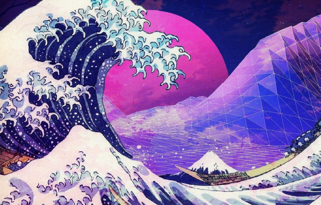 Wallpaper purple, aeshtetic, vaporwave, kanagawa great wave, the great wave image for desktop, section живопись