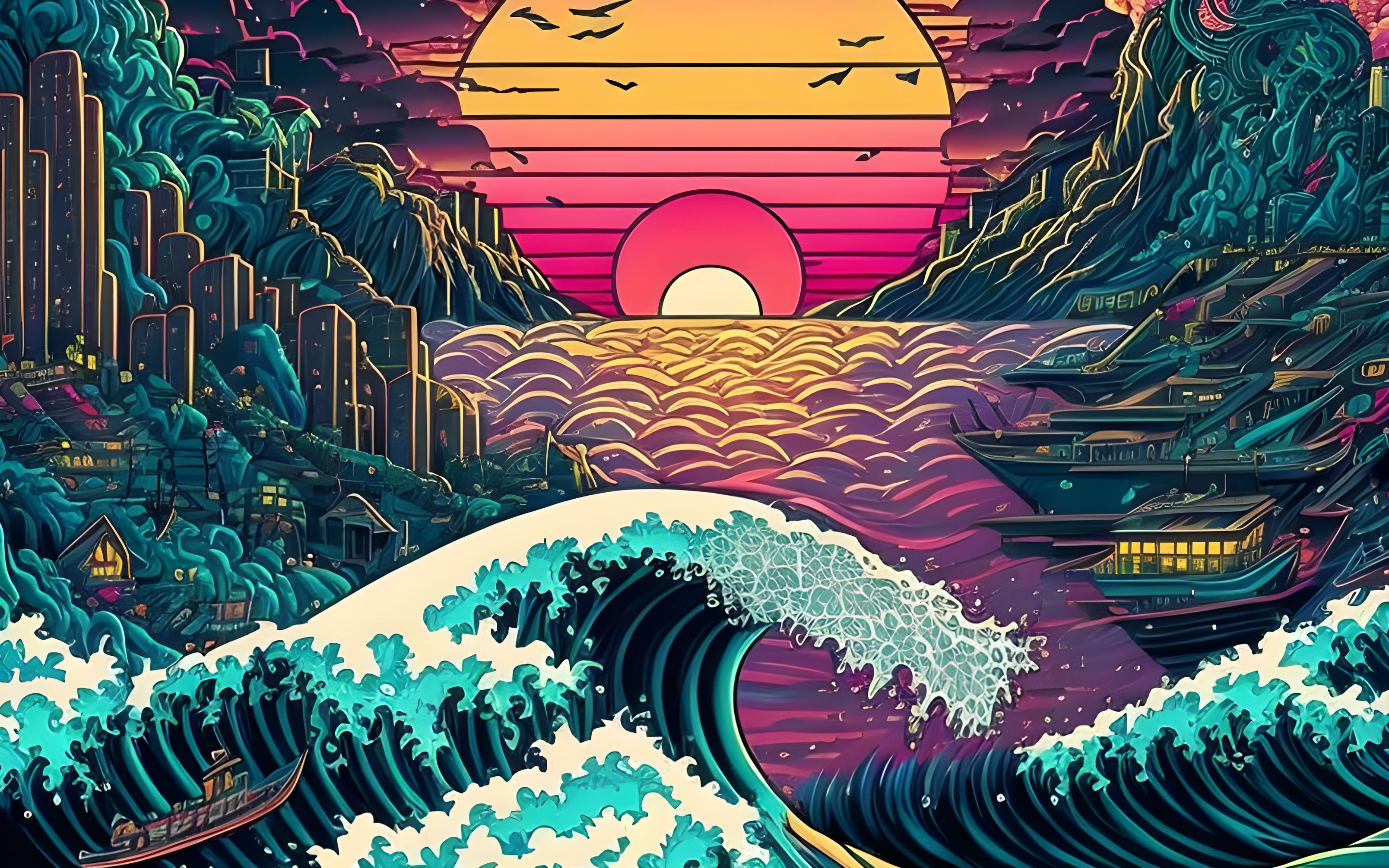 A colorful illustration of a sunset over a city by the sea - The Great Wave off Kanagawa
