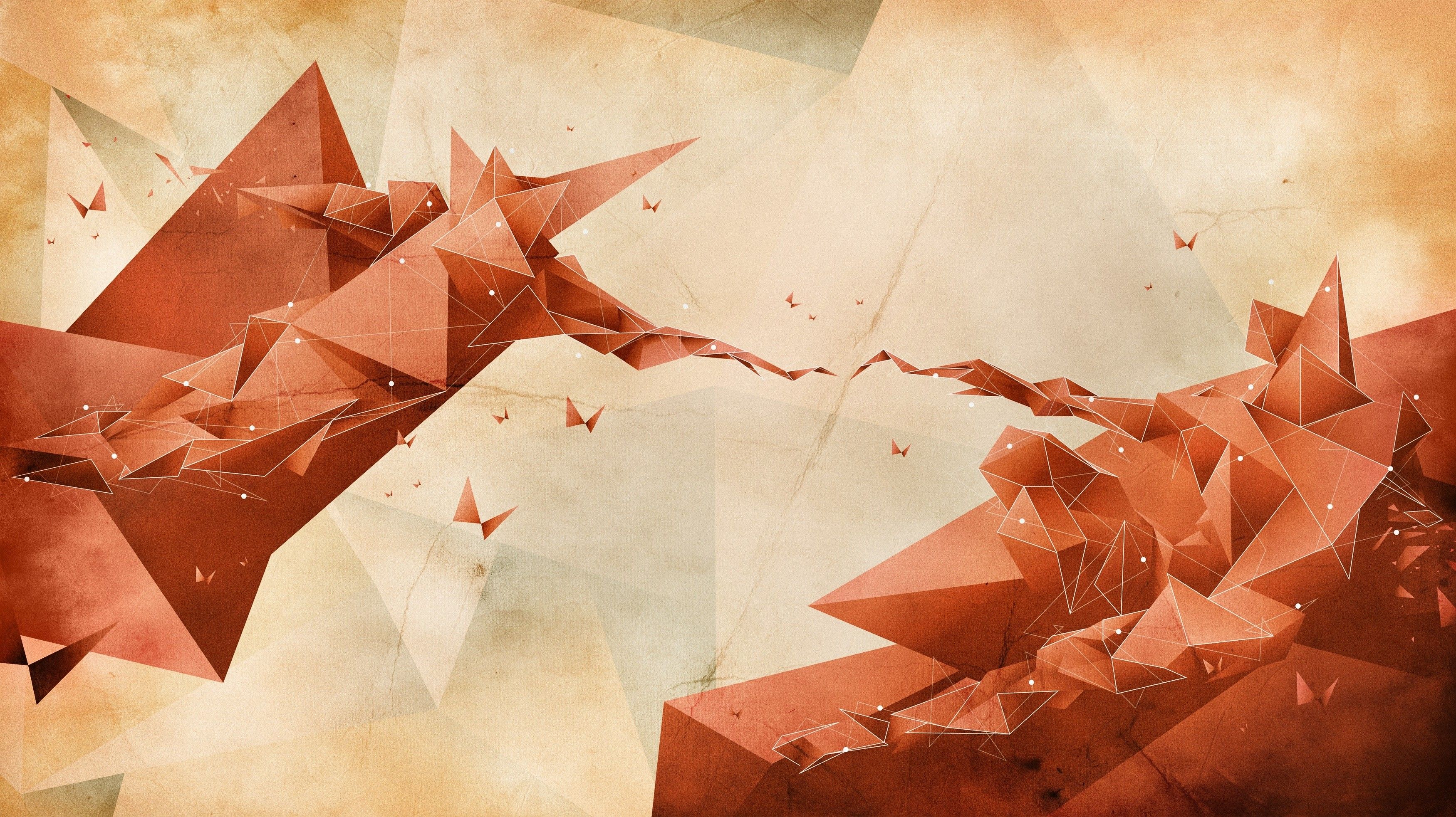 An abstract image of red and orange geometric shapes on a beige background. - The Creation of Adam