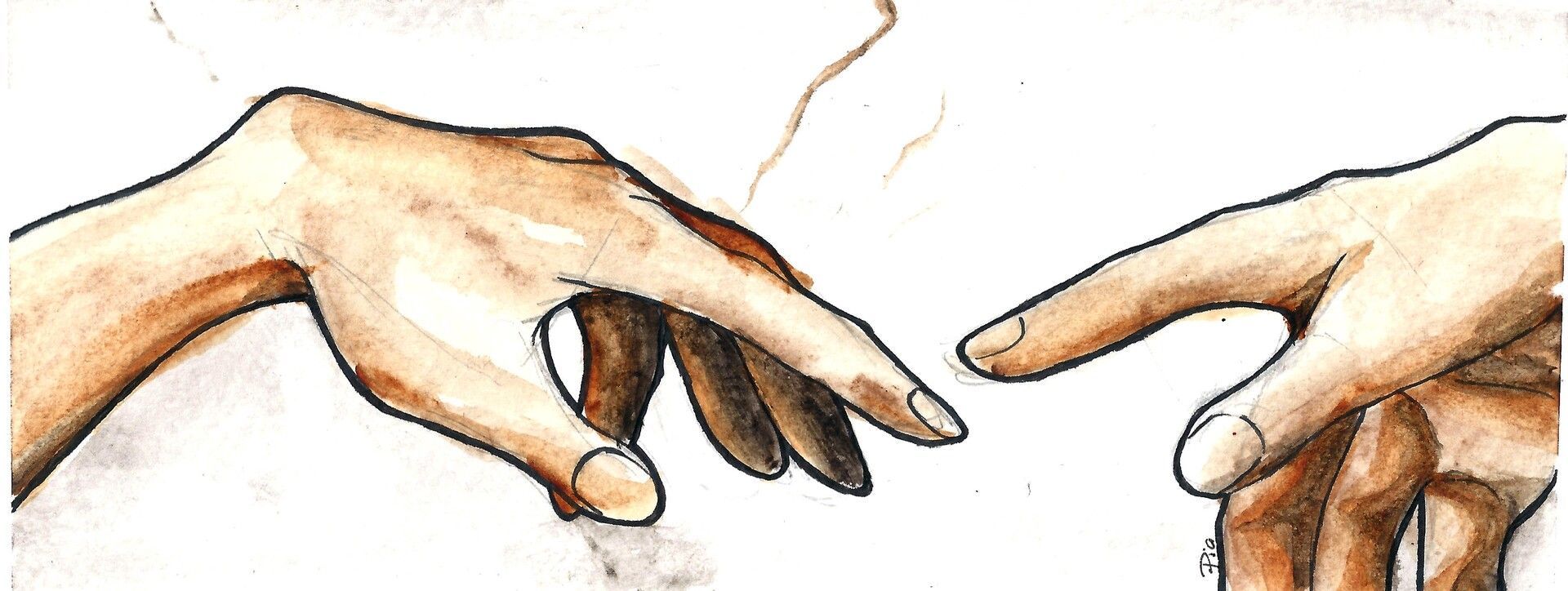 A drawing of two hands reaching out to each other - The Creation of Adam