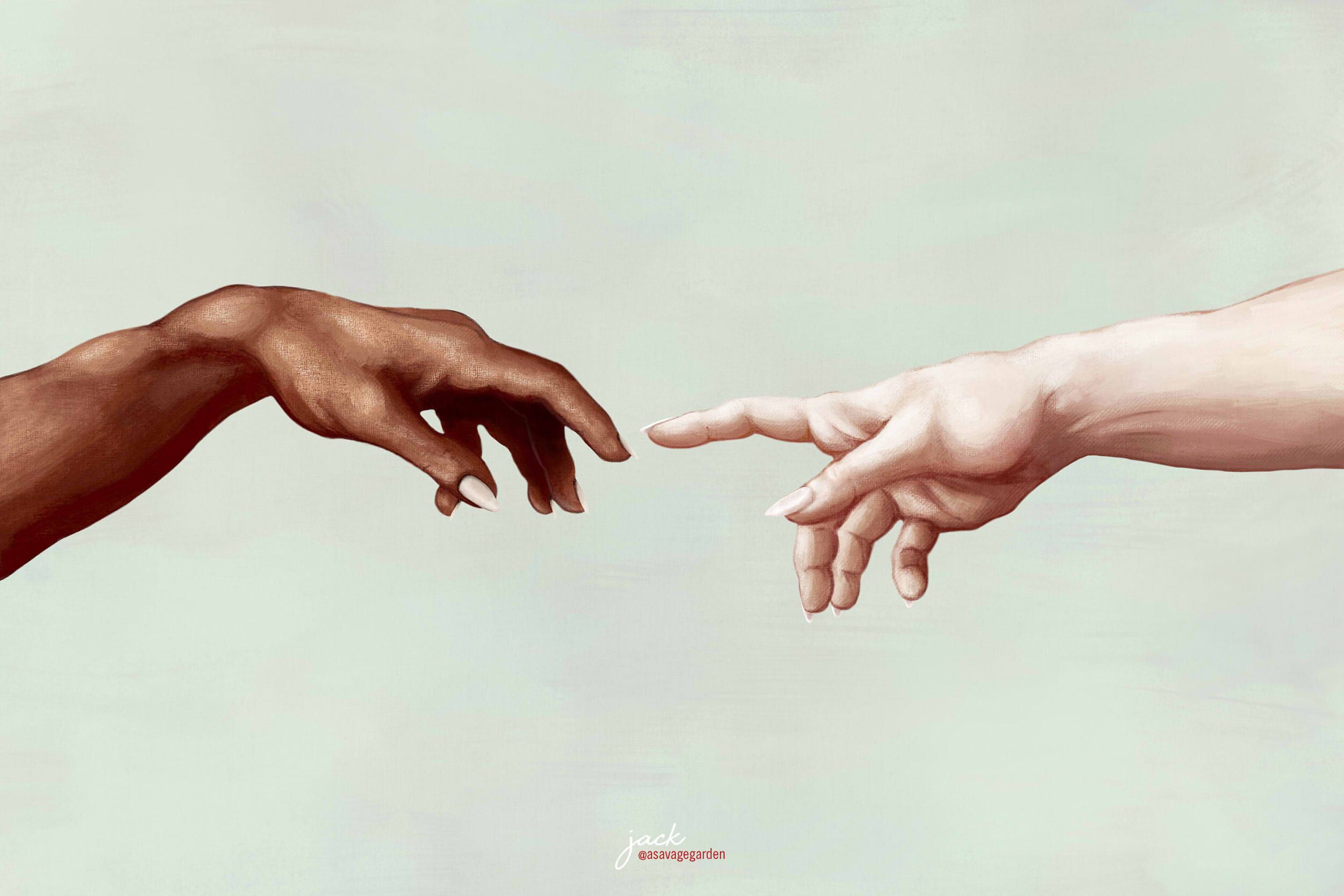 A painting of two hands reaching out to each other, one black and one white. - The Creation of Adam