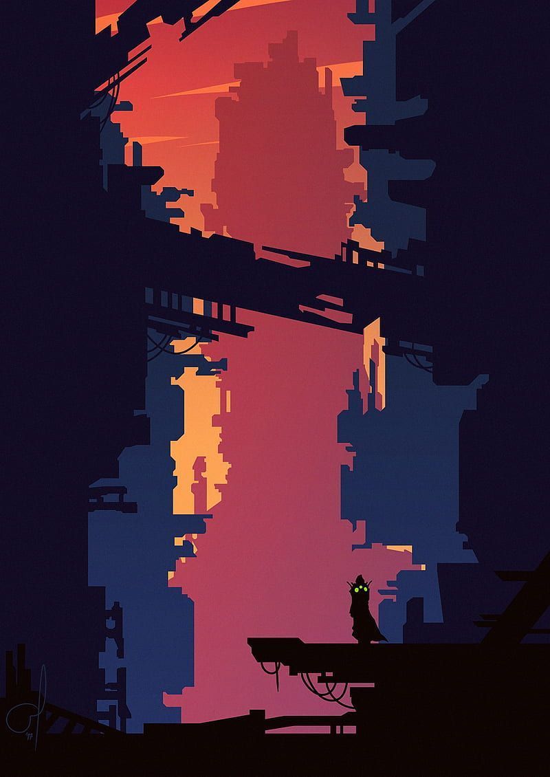 In the image, a futuristic cityscape is depicted with various buildings and structures. A man is standing on a catwalk with his back facing the viewer, making an ominous impression. The buildings in the background appear to be sinking, as if they are on the brink of collapse. The sky is a deep shade of  - Vector