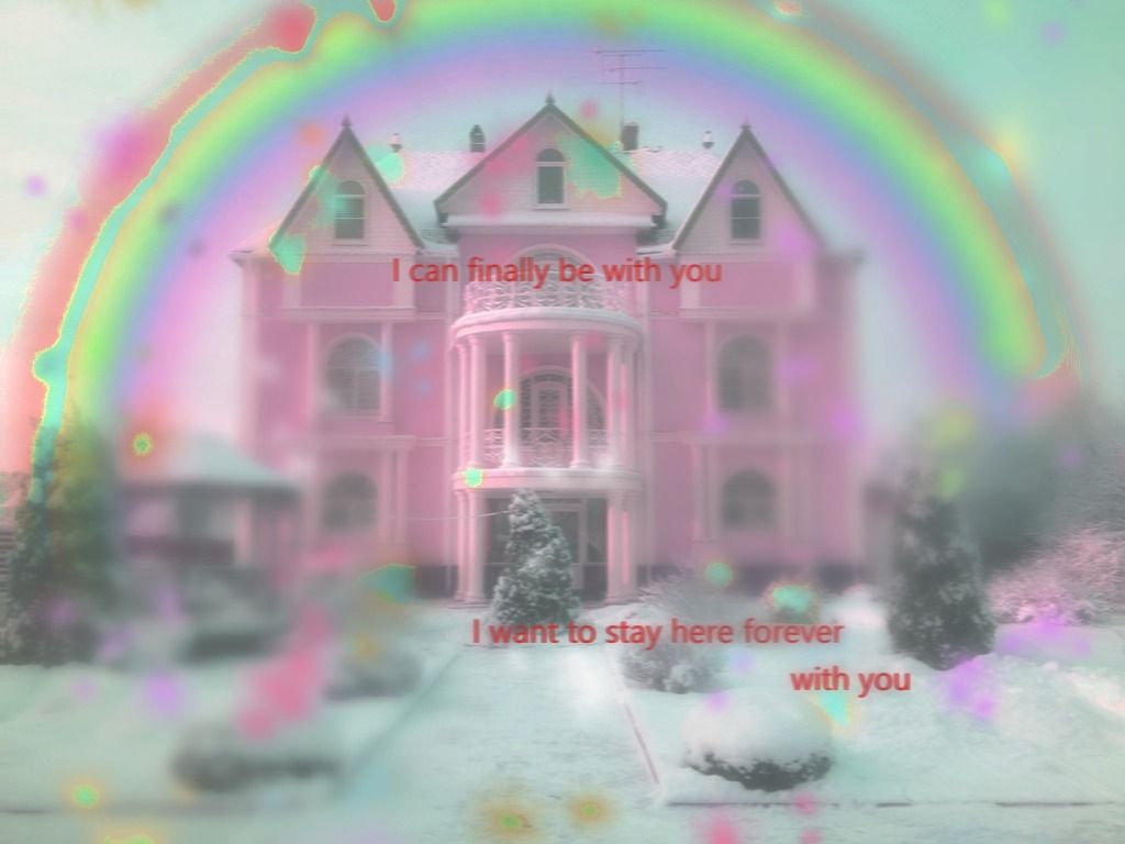 A pink house with rainbow in the background - Weirdcore
