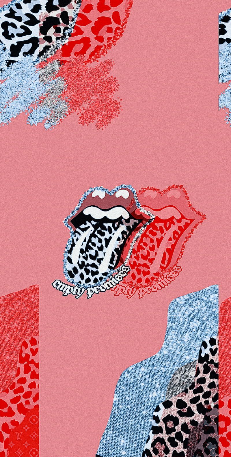 A colorful and swirling artwork covers a poster, featuring a pair of lips in the center and various leopard patterns and spots throughout the background. The lips appear in different sizes, ranging from smaller to larger. The leopard patterns appear all over the poster, creating a unique and dynamic visual style. The  - Rolling Stones