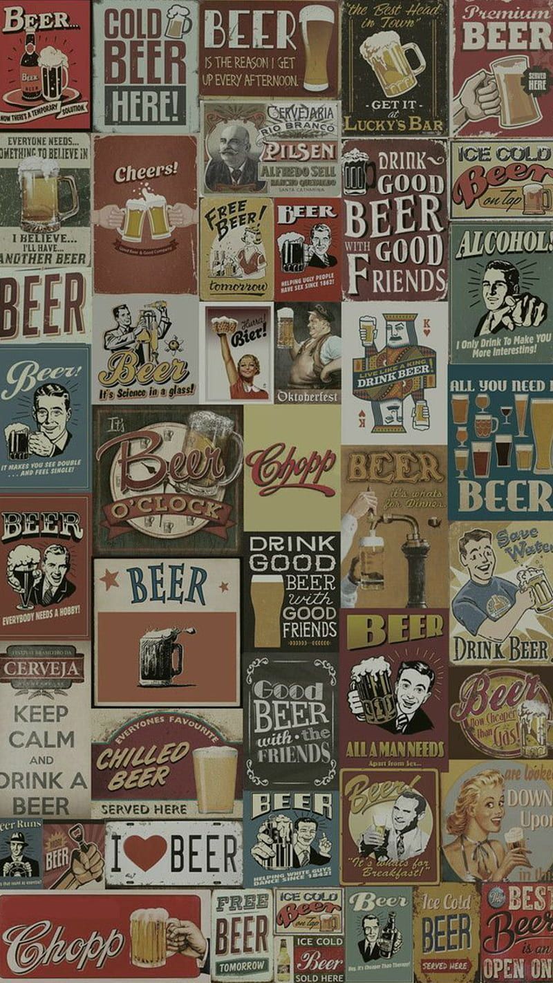 A wall of beer ads, some with beer mugs, some with bottles, all with the word 