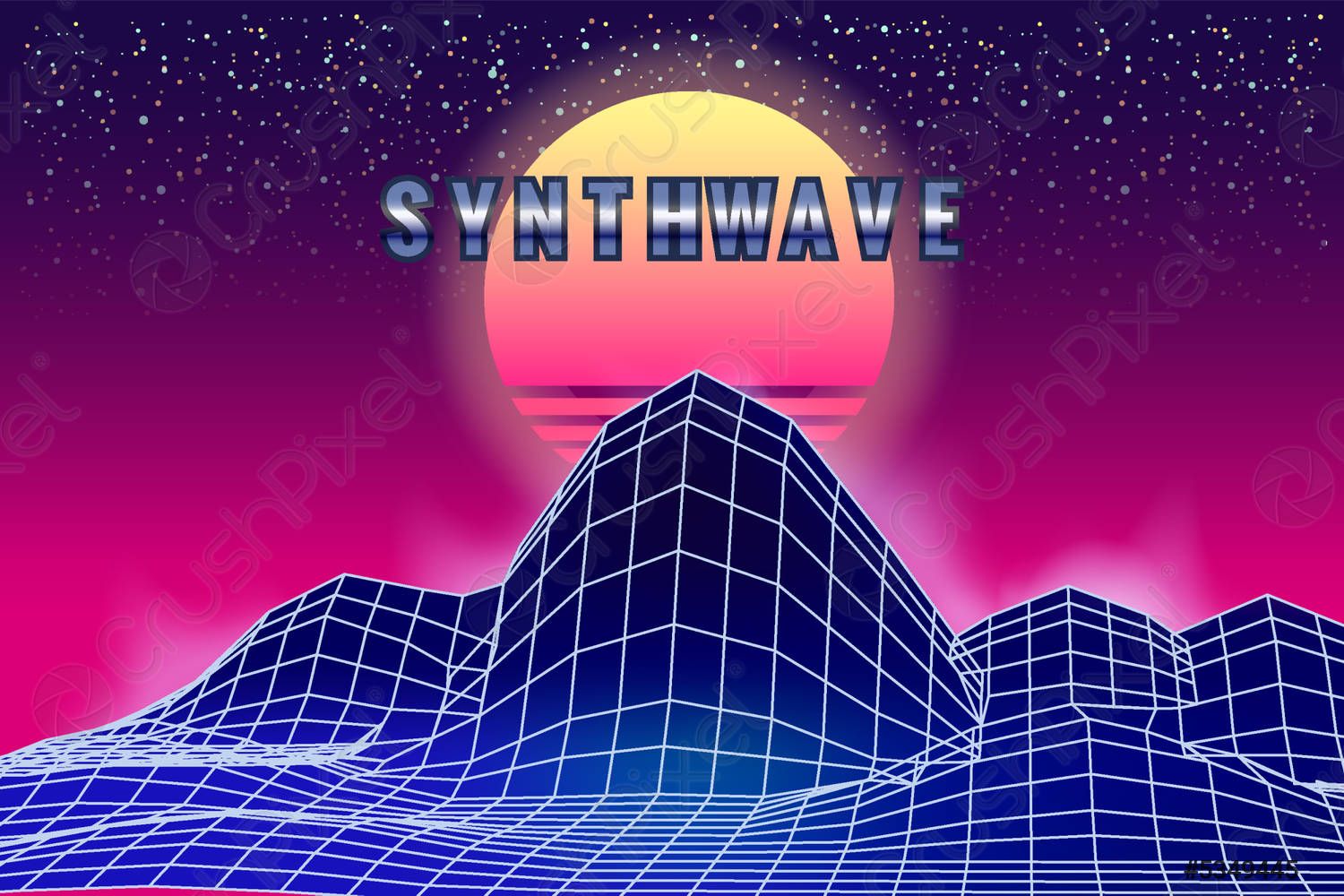 Synthwave retro banner vaporwave aesthetic background Mountains landscape grid 3D vector 5349445