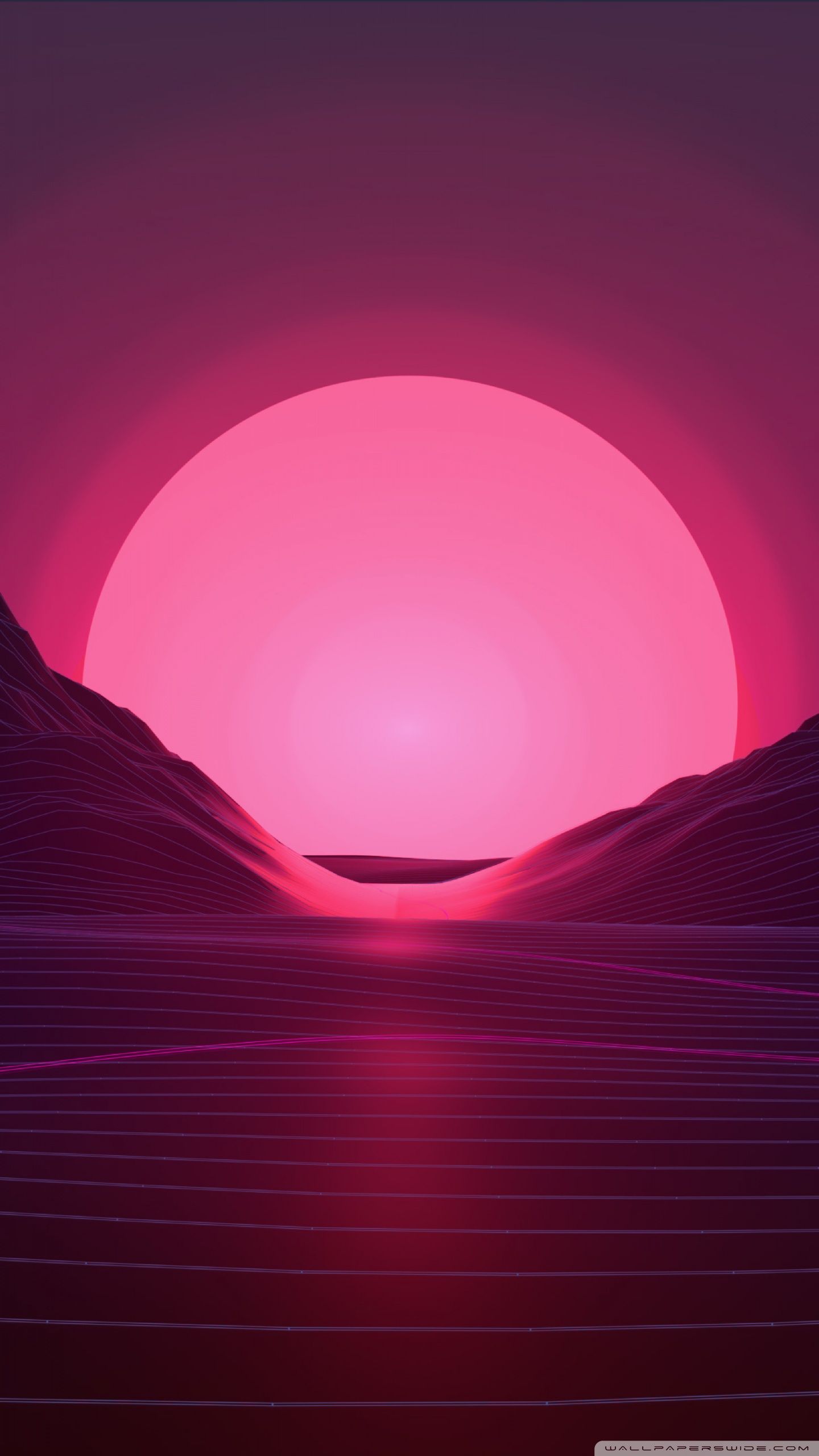 A sunset in the desert with mountains and hills - Synthwave