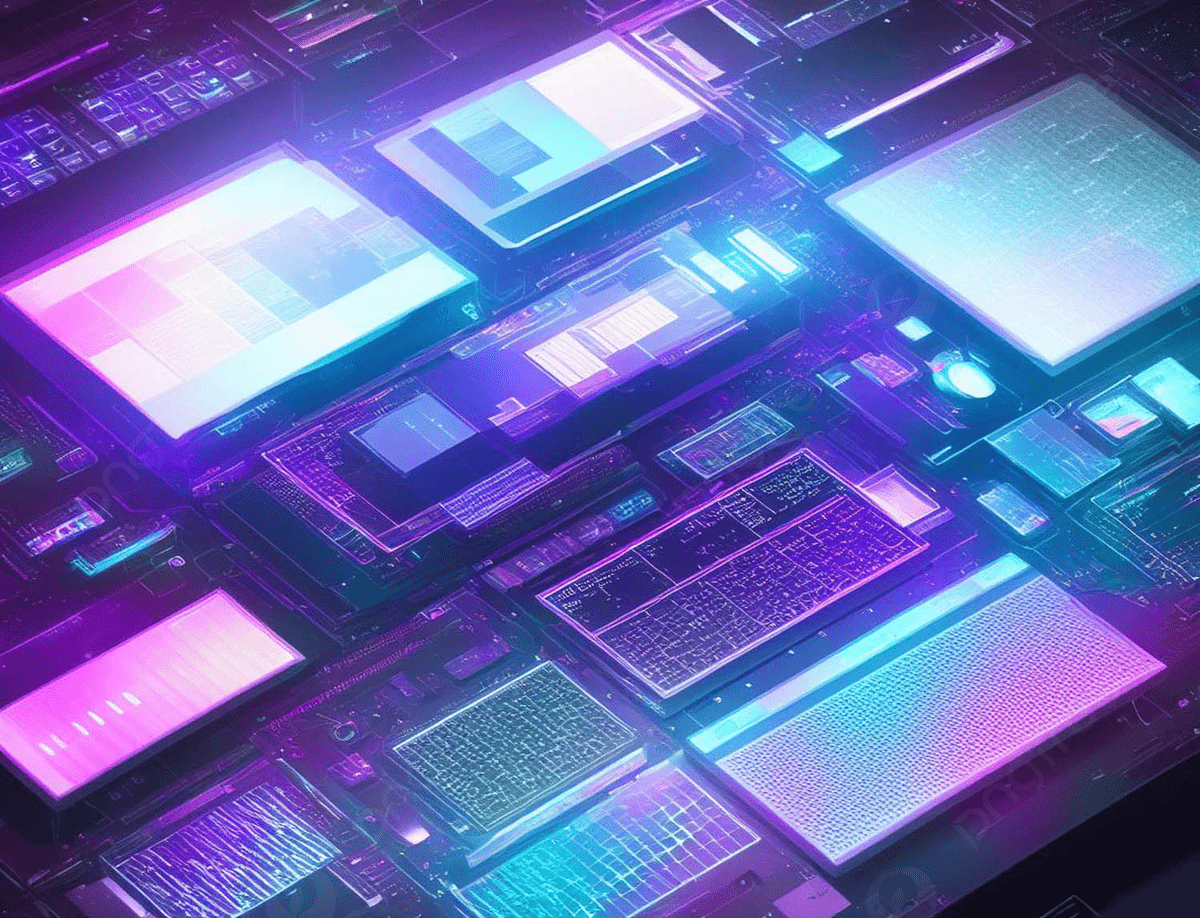 A computer chip with glowing blue and purple lights - Technology