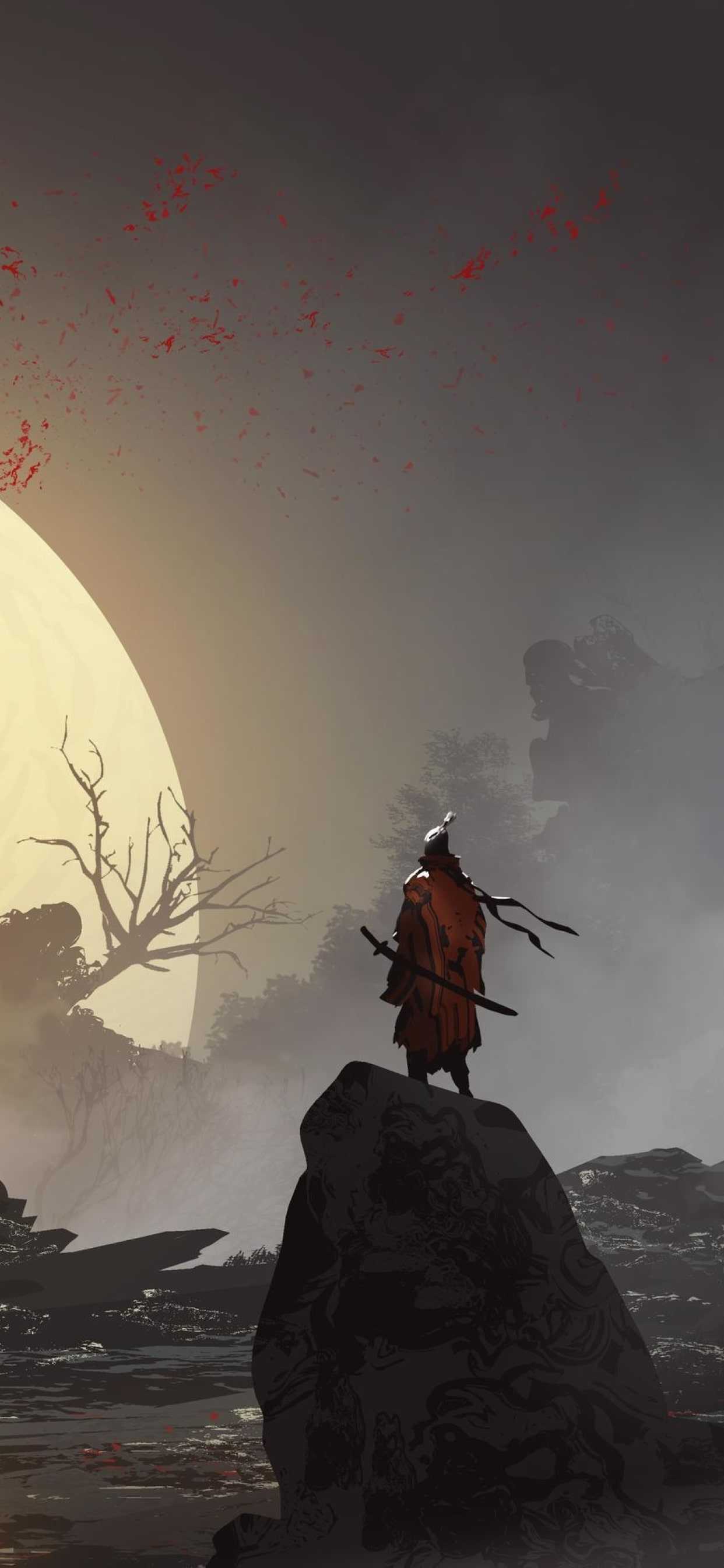A man in red standing on top of rocks with the moon behind him - Samurai