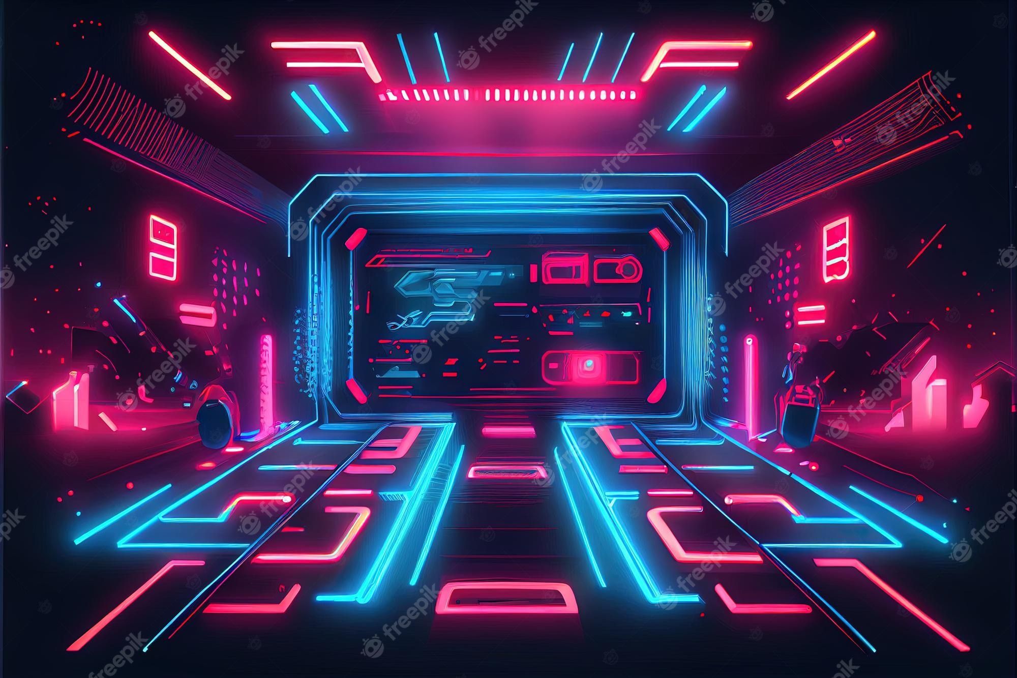 Premium Photo. Illustration of gaming background abstract cyberpunk style of gamer wallpaper neon glow light of scifi fluorescent sticks digitally generated image not based on any actual scene or pattern