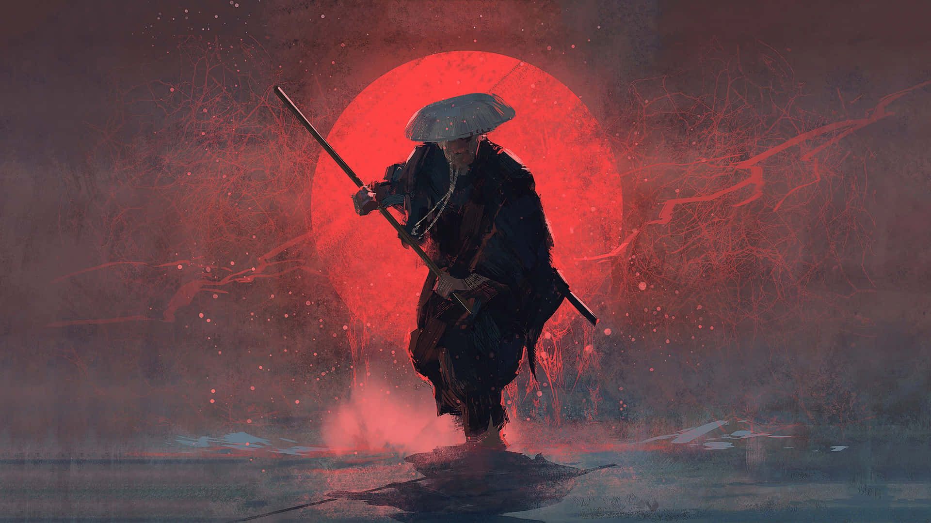A man with an umbrella and sword in the water - Samurai